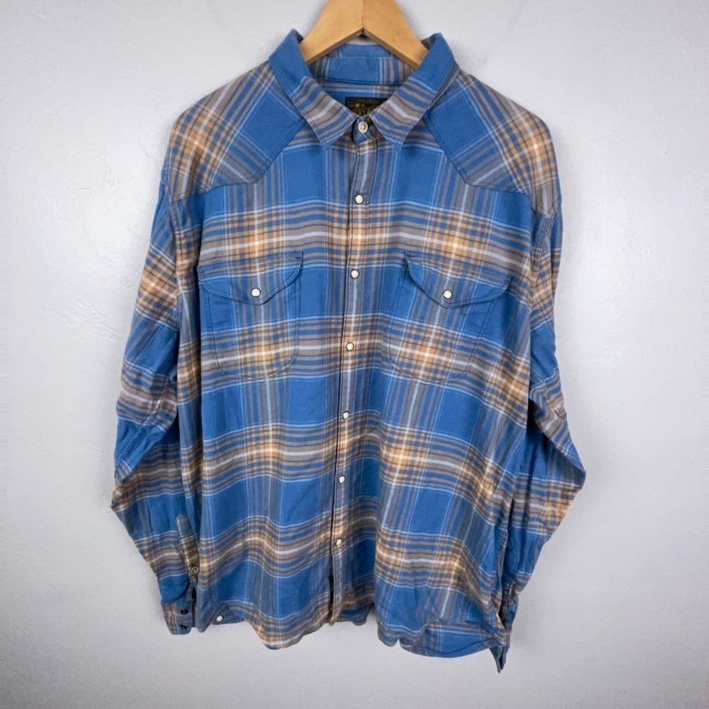 Lucky Brand Pearl Snap Shirt Men XXL Blue Plaid Flannel Saturday Stretch Western